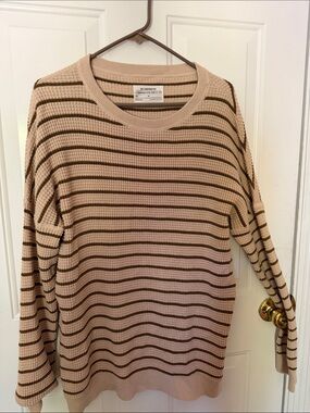 REI Beige and Brown Striped Crewneck Sweater